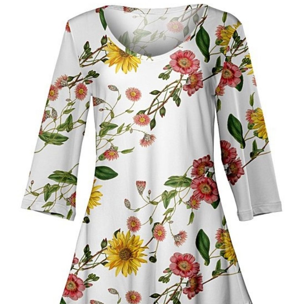White & Pink Floral Three-Quarter Sleeve Tunic